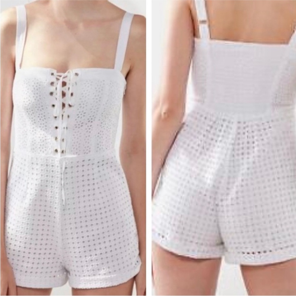 White Eyelet Lace-Up Romper